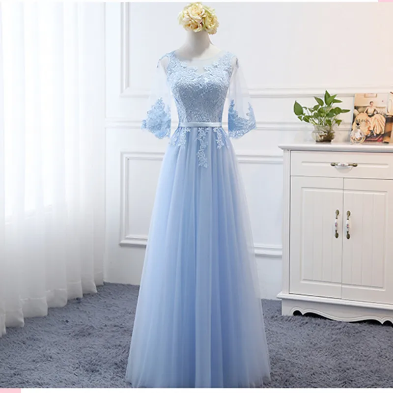 Bridesmaid's Dresses MNZ-120# Embroidered Sky Blue Long Lace up Middle sleeve Marriage Sister Christmas Dress Girls bridesmaid dresses
