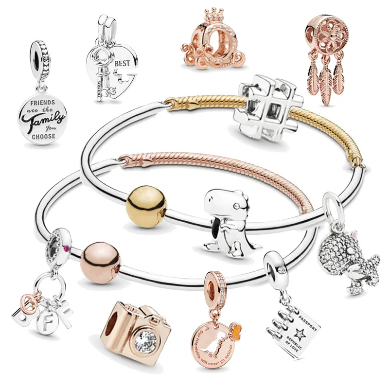 

2019 Summer New 925 Silver Dinosaurs Best Friends Love Family Charm Fit Original Pans Rose Three Link Bangle Shine for Women