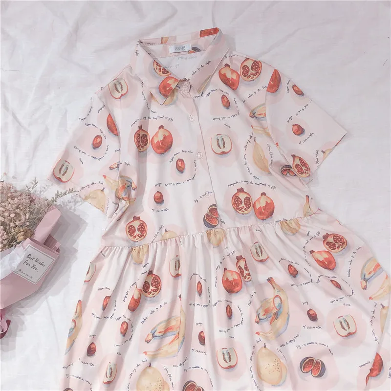 

Summer Women's Harajuku Chiffon Short Sleeve Dress Cute Fruit Print Preppy Style Kawaii Student Japanese Bestie One-Piece Dress