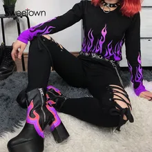 Sweetown, повседневная, принтованная, базовая футболка, женская уличная одежда, Пламенный огонь, графические футболки, круглый вырез, длинный рукав, короткий топ, футболка, осень