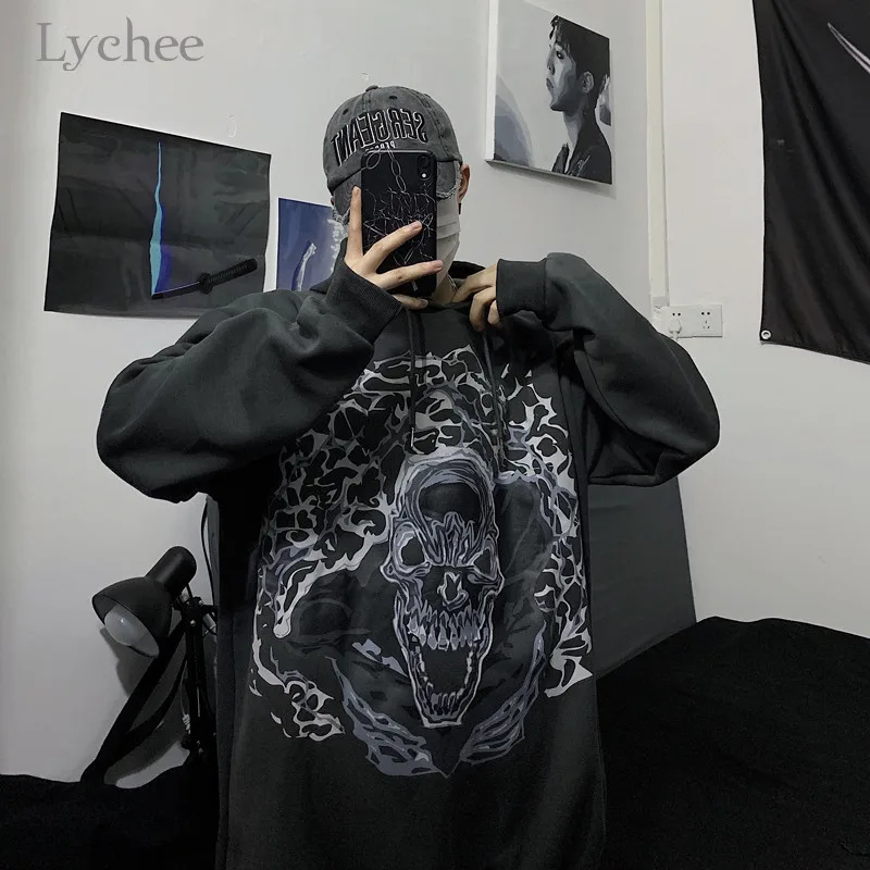 Lychee Harajuku повседневные свободные женские флисовые толстовки молния череп Женские флисовые толстовки с капюшоном осень зима леди с капюшоном Топ