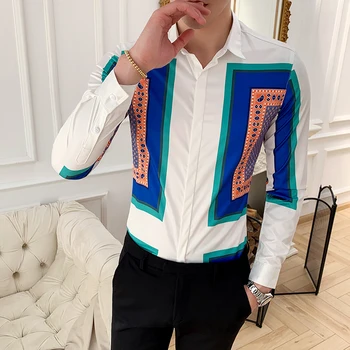 

Fashion Club Camisa Social Splice Contrast Color Design Printed Shirts Mens Casual Satin Shirts Flowers Mens Designer Shirts Men