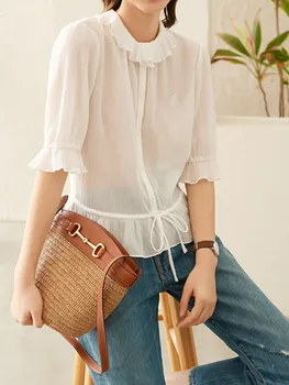 

2020 New Slik Women Thin Blouse Spring Summer Ruffled Turn-down Collar Sweet Shirt lace-up waist Blouses and top