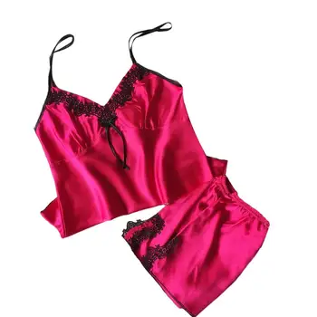 

2Pcs/Set Women Sexy Spaghetti Straps Bow Camisole Shorts Lace Stitching Sleepwear Set sexy Lace V-neck suspenders pijamas sets