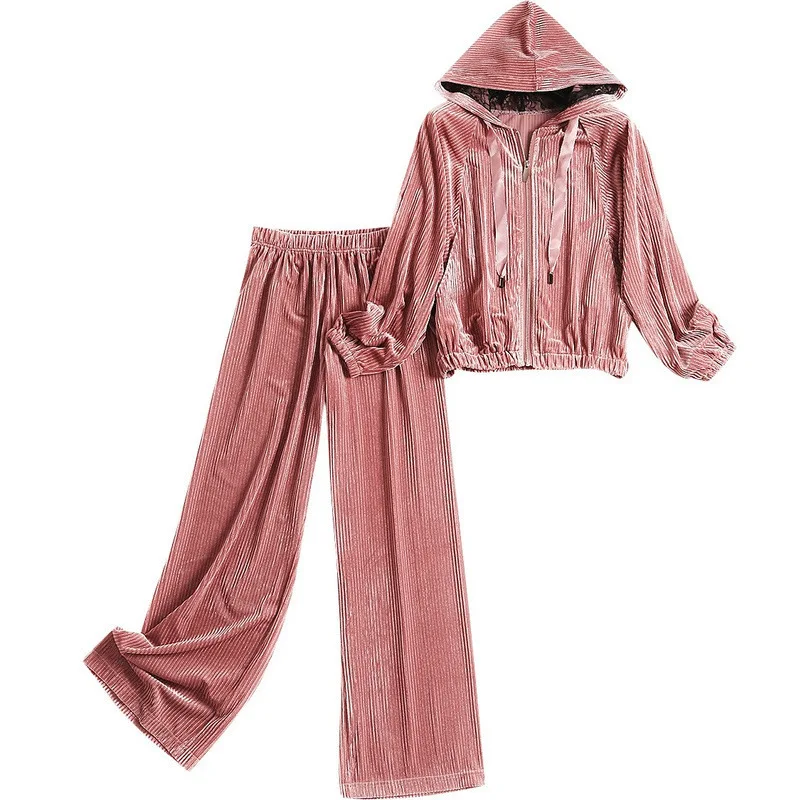 

Spring Solid Women Sporting Suit Hooded Sweatshirt+Wide Leg Pant Velvet Sweatsuit Two Piece Set Tracksuits For Women Clothing