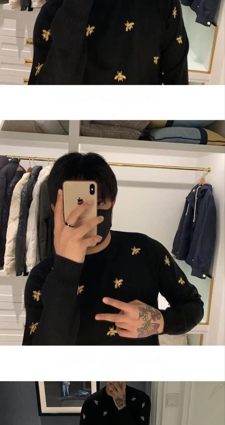 Men Knitted Pullover Black O Neck Bee Embroidery Soft Sweater Handsome Autumn Winter Casual Top Wholesale 2022 New Male Clothes Men Knitted Pullover Black O Neck Bee Embroidery Soft Sweater Handsome Autumn Winter Casual Top Wholesale 2022 New Male Clothes