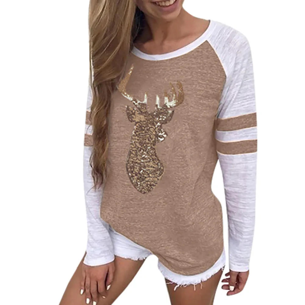 Plus Size S-5XL Christmas Tops Women T-shirt Elk Print Xmas Long Sleeve Happy Tops T Shirt Winter Female Roupas Feminina T-shirt