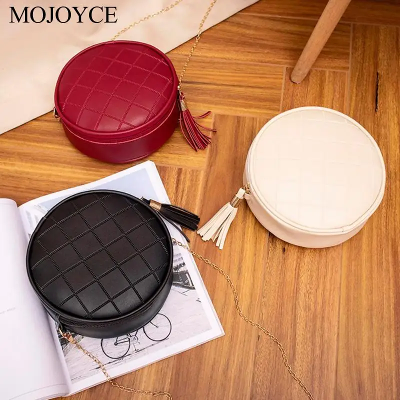 

New Casual Mini Solid Color Plaid Shoulder Handbags Women Small Round Tassel Crossbody Bags Purses Clutches Fashion Messenger