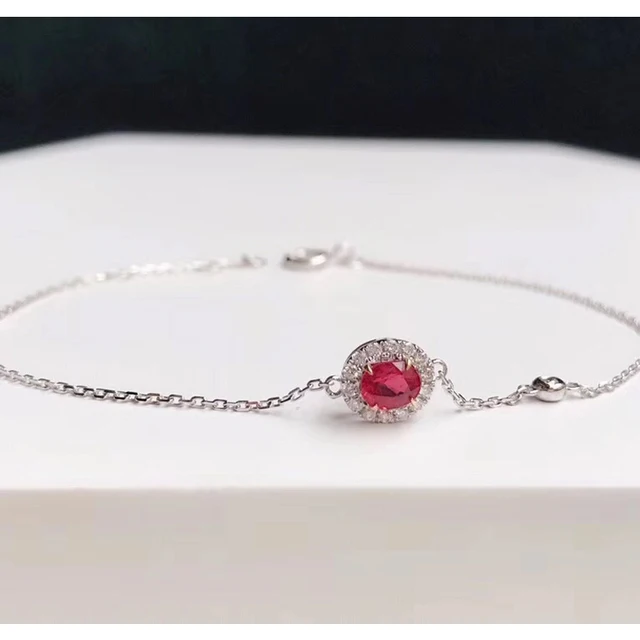 AEAW Solid 18K White Gold 0.3ct Oval Cut Natural Ruby with Natural Real Diamond Bracelet Test Positive For Women Fine Jewelry