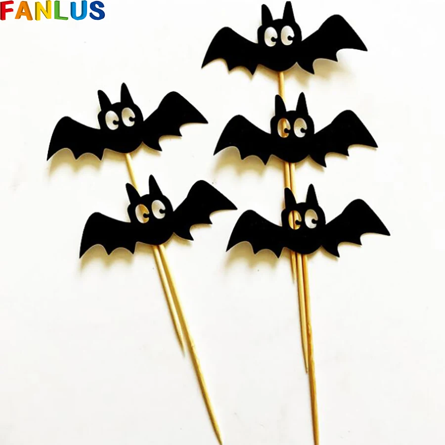 

10pcs/Bag Cute Bat Happy Birthday Cake Topper Wedding Cupcake Black Witch Cake Topper Halloween Party Ghost Decorations Favors