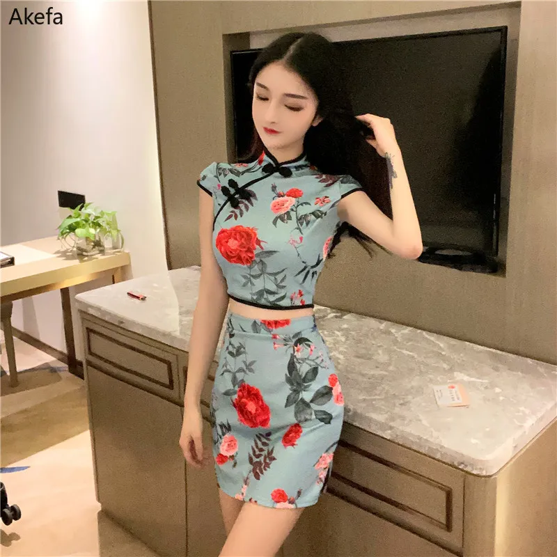 Пикантные короткие изменение Cheongsam для женщин Топы мини юбка комплекты из двух