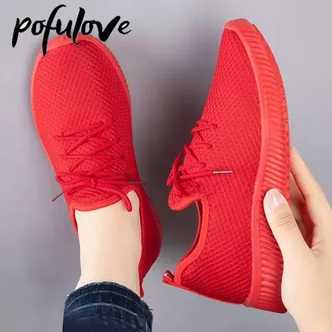 Pofulove Women Sneakers Casual Shoes Mesh Breathable Spring Summer Sport Shoes Lace-Up Shallow Red Black Outdoor Running Zapatos