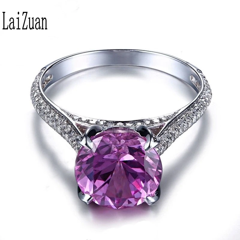 

LaiZuan Real 10K White Gold Certified Round 4.3CT Genuine Pink Topaz & Diamond Ring Engagement Wedding Unique Fine Jewelry Gift