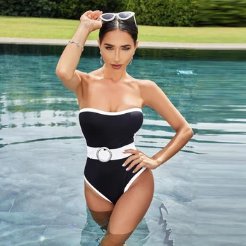 

2019 New fshion Women Summer Bodysuit Black Strapless Belt Patchwork Bckless Clubwear Casual Verano Bandage Bodysuits Sexy Festa