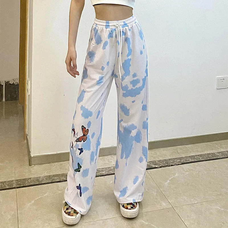 Autumn Fall Women Butterfly Print Wide Leg Pants Streetwear Drawstring Lace Up High Waist Sweatpants Trackpants Capris Korean Autumn Fall Women Butterfly Print Wide Leg Pants Streetwear Drawstring Lace Up High Waist Sweatpants Trackpants Capris Korean
