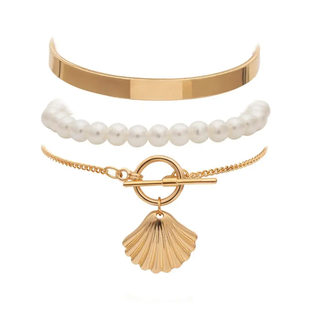 Lacteo 3 шт./компл. в богемном стиле золотой гребешок оболочки кулон браслет Для женщин мода искусственный жемчуг цепочка браслет ювелирные изделия