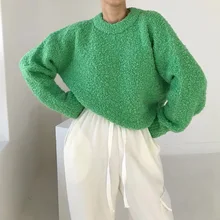 

2022 Chic O-Neck Loose Sweater for Women Autumn Winter Solid Color Pullover Ladies Long Sleeve Padded Knitting Top Warm Sweaters