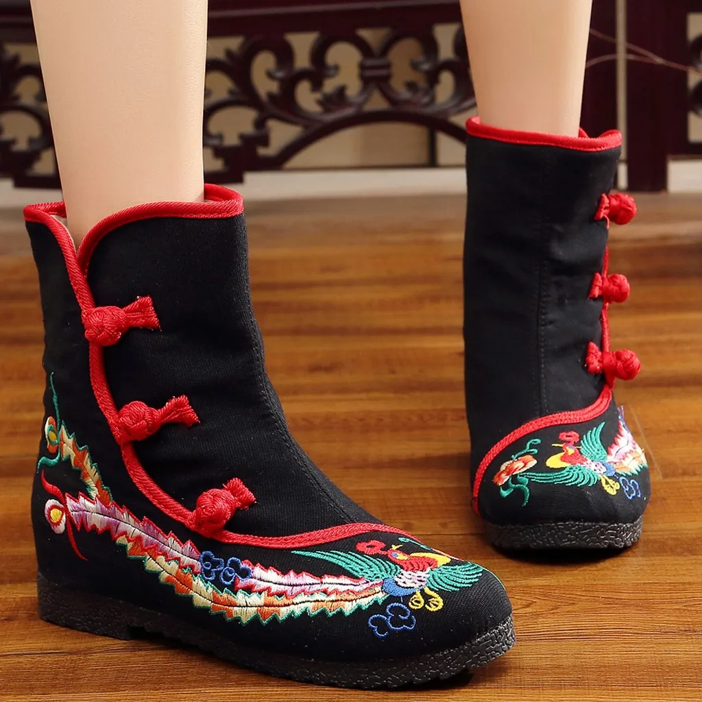 

2019 New Canves Ankle Boots Women Butterflies Embroidered Ankle Bare Booties Sport Buckle Square Heel Boots For Autumn Winter 25