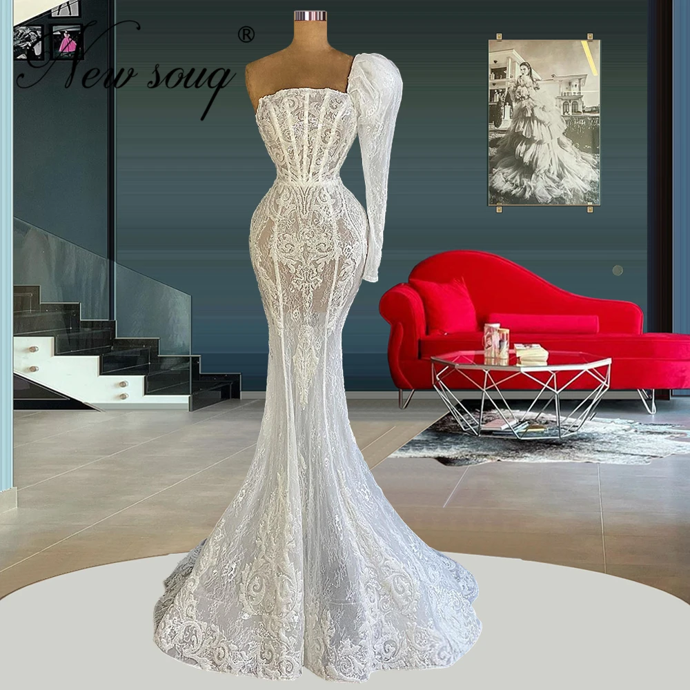 

Customized One Shoulder Party Dresses For Prom 2022 Robes Plus Size Beads Pearls Mermaid Evening Wear Arabic Celebrity Dress