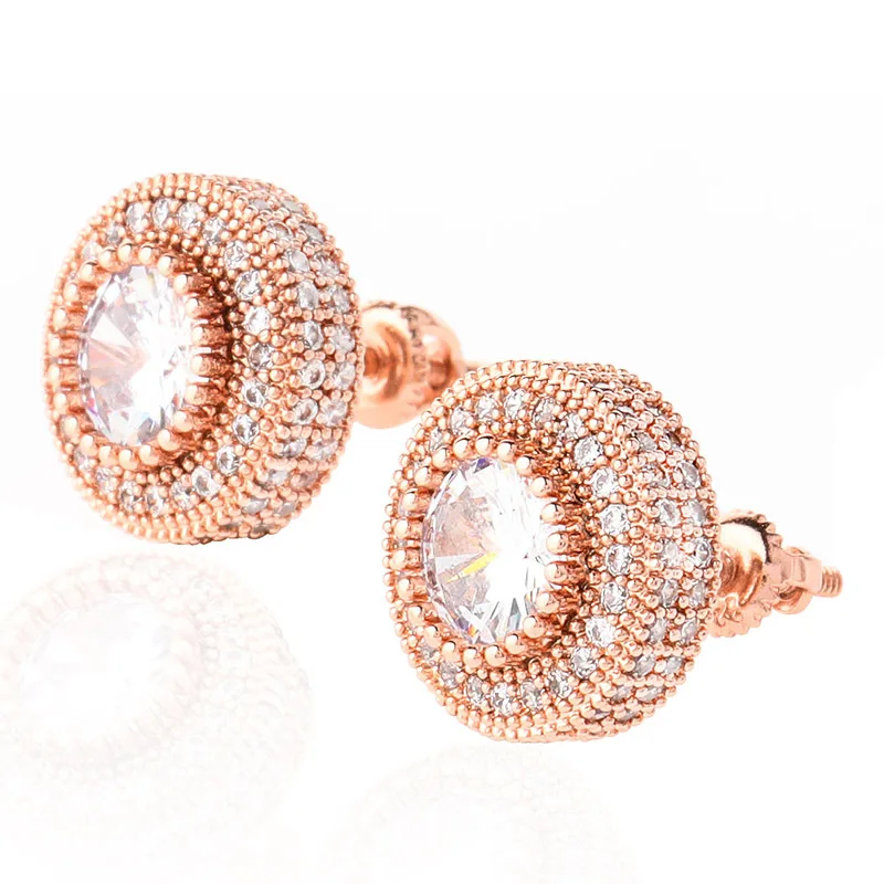 Хип хоп зубец Установка AAA CZ камень Bling Iced Out серьги гвоздики мужские круглые мужские серьги раппер ювелирные изделия розовое золото серебро