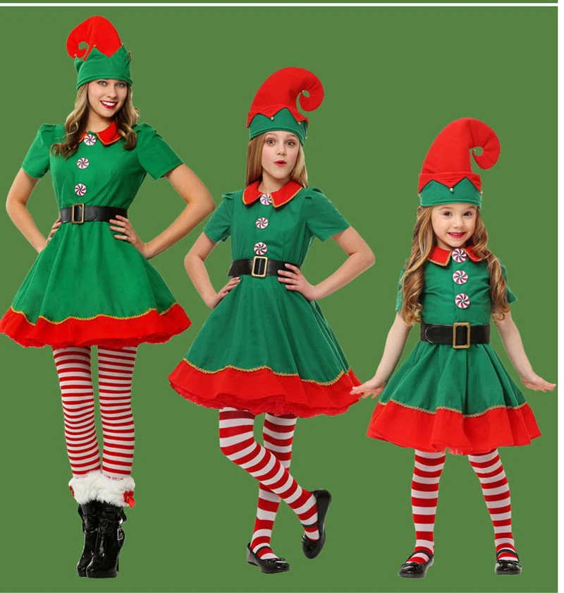 Kids Adults green Elf christmas Costumes Festival Santa Claus for Girls boys New Year baby clothing Fancy Party Dress 70-180cm