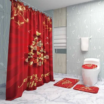 

Merry Christmas Bathroom Set Red Christmas Tree Pattern Waterproof Shower Curtain Toilet Cover Mat Non Slip Rug Christmas Decor