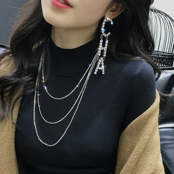 

New Luxurious Asymmetry Earrings Rhinestone CHA Letter Long Tassel Chain Drop Earrings for Women Fashion Detachable Ear Jewelry