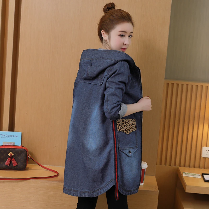 

Plus Size Leopard stitching Jacket Women Zippered cowboy Denim Jacket Hooded Jeans Women Medium length Coats