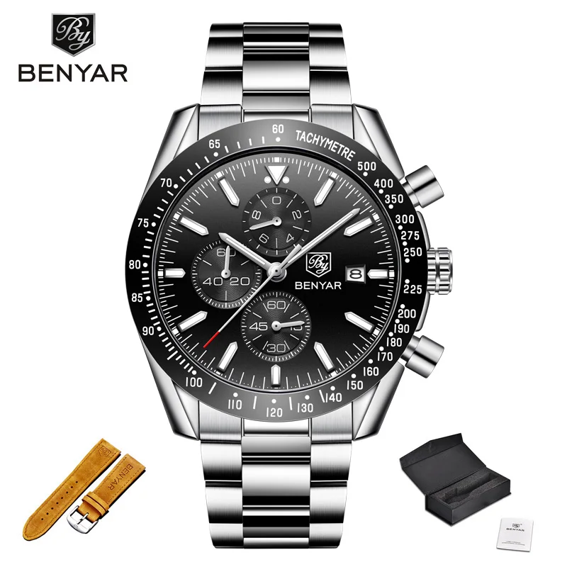 Black Strap S Новинка, BENYAR мужские наручные часы s, кварцевые мужские часы с хронографом, Топ бренд, Роскошные Модные Военные часы, мужские часы Zegarki Meskie - Цвет: Black Strap S