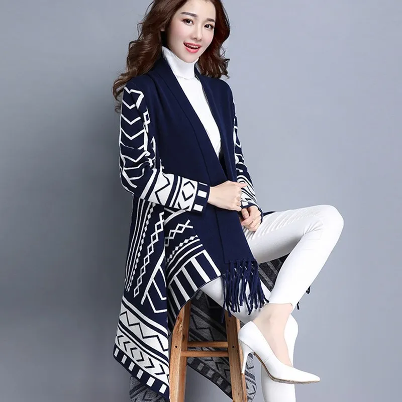 

2019 Spring And Autumn New Style Large Size Cover Meat Cloak Shawl Sweater WOMEN'S Cardigan Mid-length Loose-Fit Sweater Coat