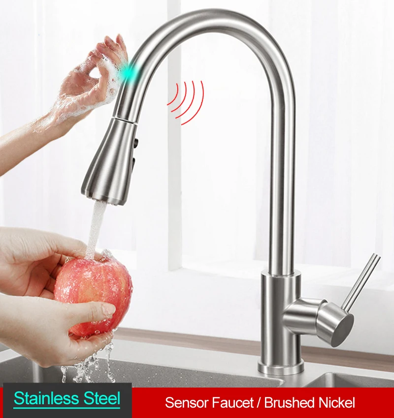 Brushed Nickel Сенсорный датчик, смесители для кухонной раковины, вытяжной смеситель горячей и холодной воды, гибкий матовый черный трогательный кран, индуктивный кран K66 - Цвет: Brushed Nickel
