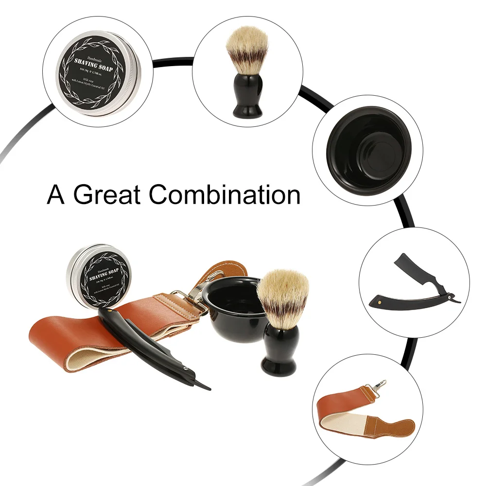 

5-In-1 Straight Razor Kit Shaving Brush Mug Soap Razor Strap Shaving Set for Men's Beard Shaving & Grooming Beard Clean Shaver