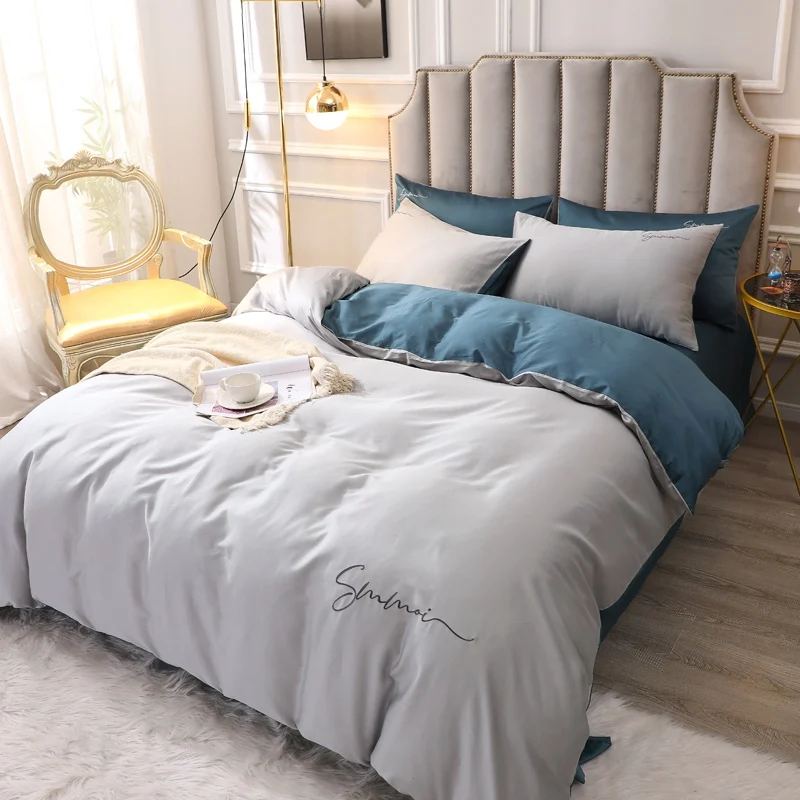 

60S Long Stapled Cotton Modern Style Embroidery Duvet Cover Bed Sheet Pillowcases AB Light Grey Blue Green Purple Queen King