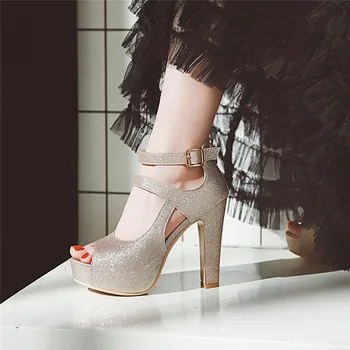 

2018 Summer Gold Silver Party Wedding Bridal Women's Shoes High Heels Sandals Peep Toe Ankle Buckle Platform Sandals