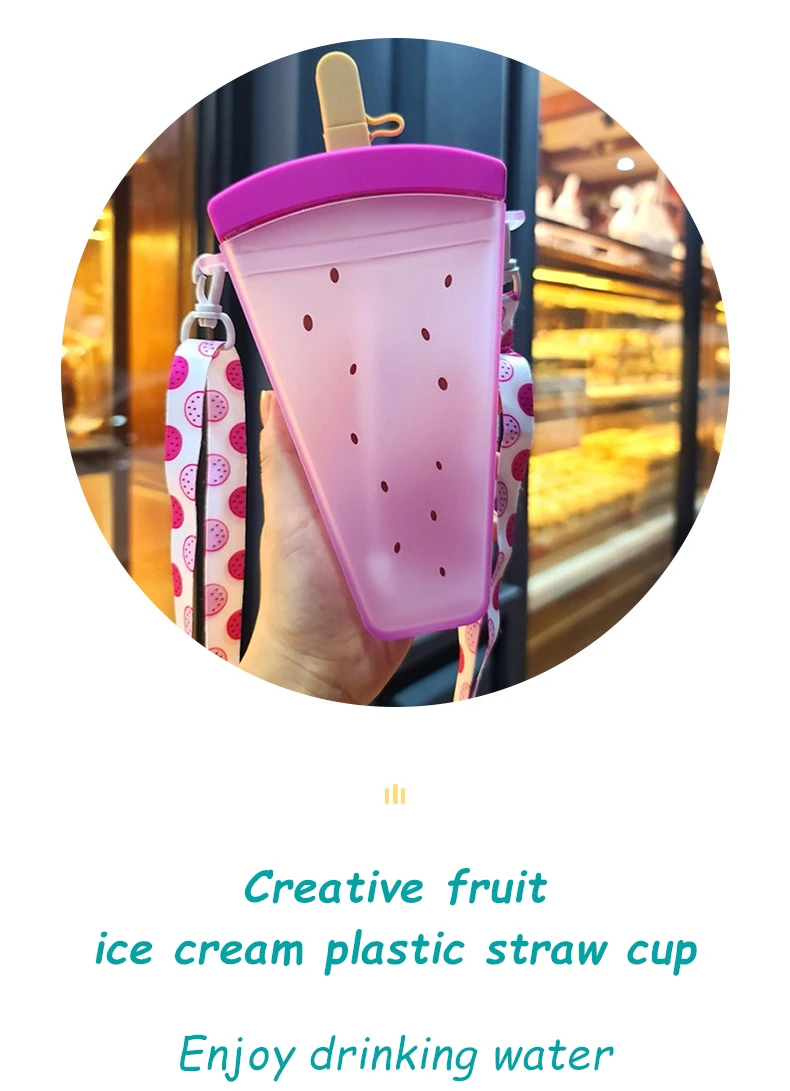 350ml Creative Fruit Ice Cream Plastic Straw Cup with Lid Personality Cup Outdoor Sports Portable Cup with Strap Water Bottle