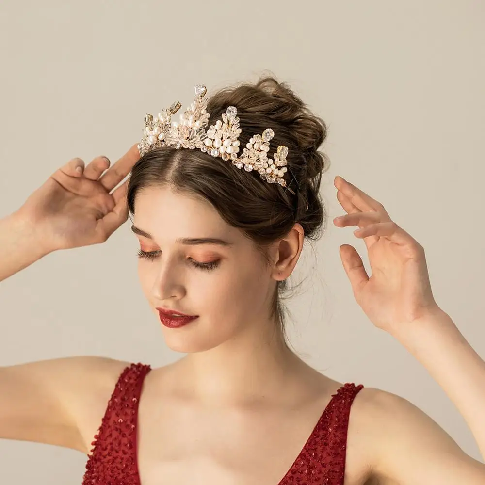 Corona De Cristal De Color Dorado Hecha A Mano Novia Tiara Reina De Moda Para Boda Corona Tocado Boda Joyeria Accesorios Tocados De Novia Aliexpress