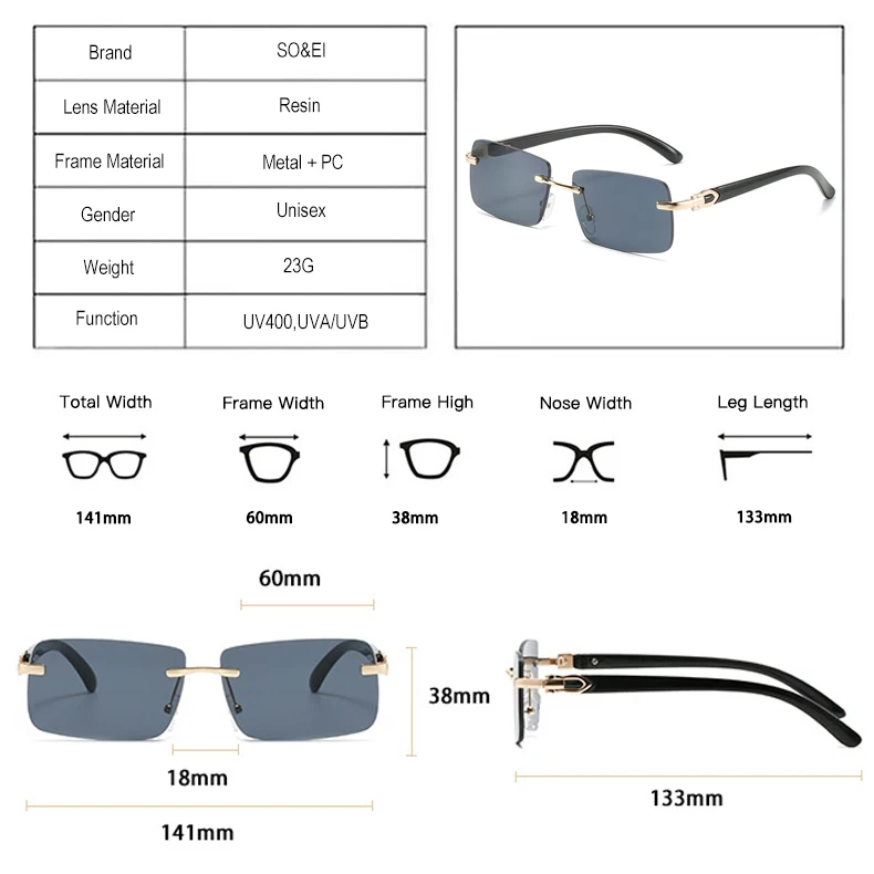 SO&EI Fashion Rectangle Sunglasses Women Vintage Rimless Ocean Gradient Lens Eyewear Shades UV400 Men Brand Designer Sun Glasses reader sunglasses