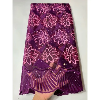 

African Lace Fabric High Quality Nigerian 5yard Purple Embroidery with Rhinestone French Net Lace Fabric for Women wedding dress