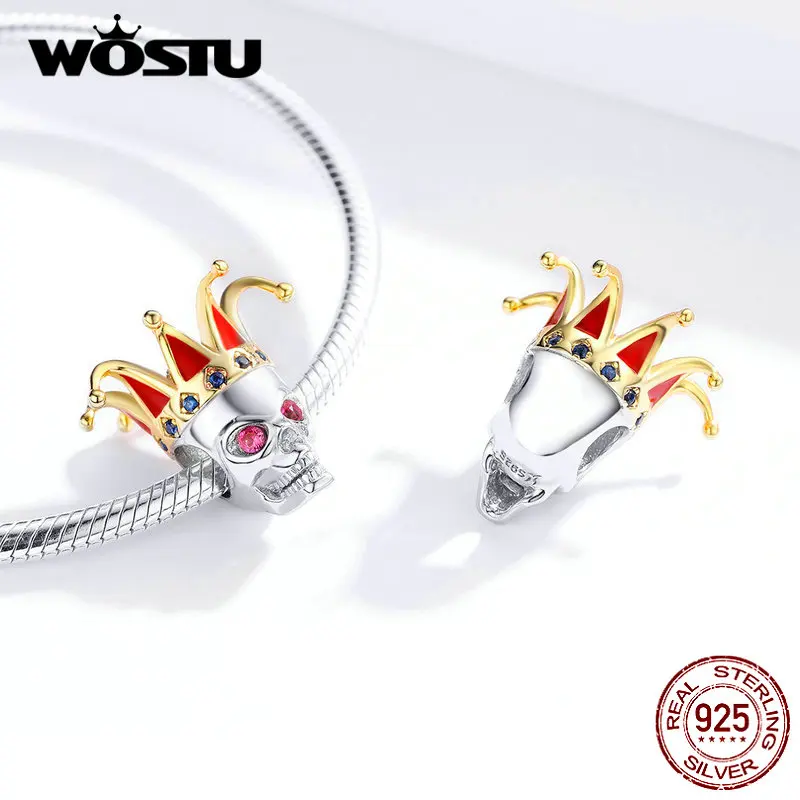 WOSTU, 925 пробы, серебряный череп, королева, клоун, бисер, циркон, шарм, подходит для оригинального браслета, кулон, Хэллоуин, серебро, 925, ювелирное изделие, BKC1363