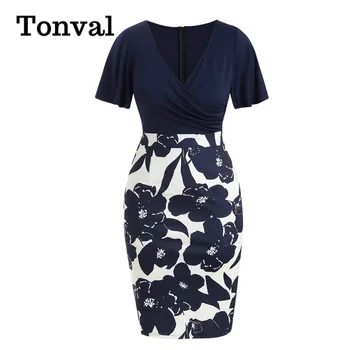 

Tonval Plus Size Clothes Wrap V Neck Split Sleeve Vintage Floral Dress Elegant Women Bodycon Office Pencil Dresses 4XL 5XL