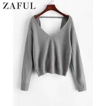 

ZAFUL Twist Back V Neck Pullover Sweater Open Back Full Sleeves Solid Color Autumn Winter Daily Going Out Sexy Women's Tops