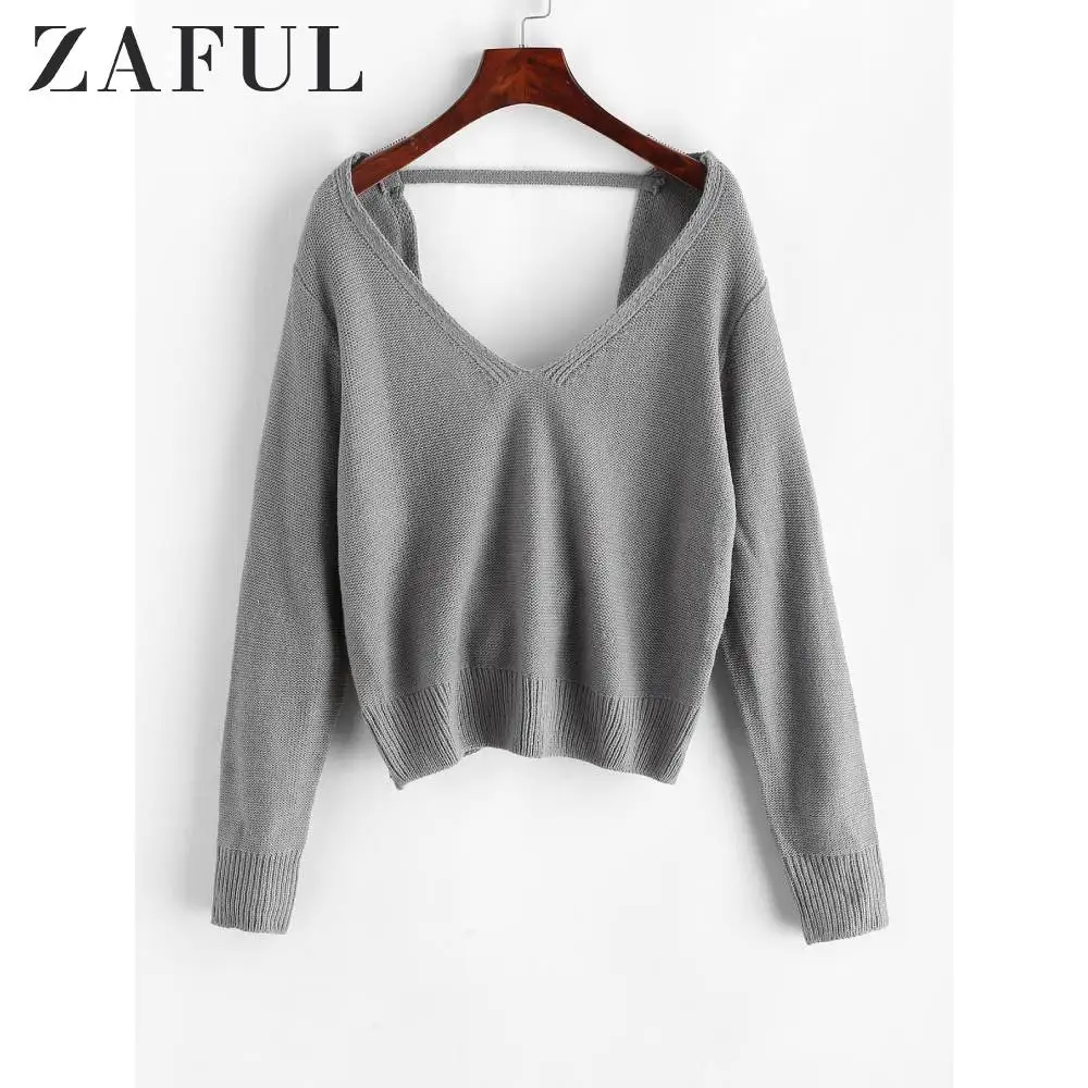 ZAFUL Twist Back V шеи пуловер свитер открытая спина с длинными рукавами сплошной цвет