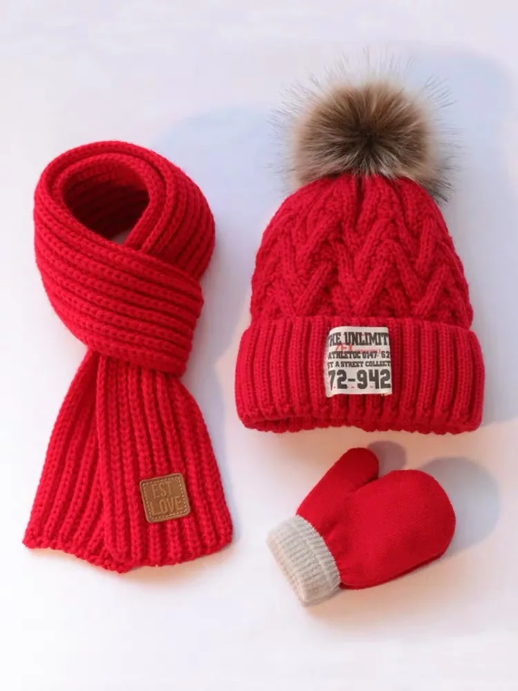 Three - piece autumn/winter children's wool cap and boy's and girl's scarf gloves baby thickened warm jumper knit cap