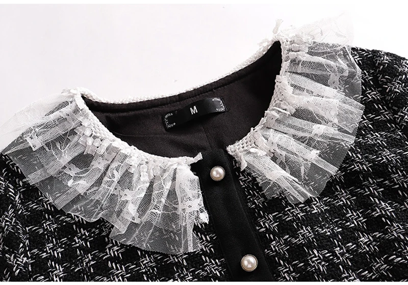 Платье в клетку размера плюс, осень-весна, 5xl-L, твид, длинный рукав, черное, повседневное, элегантное, прямое, женское платье с белым воротником