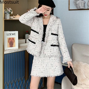 

Vintage Women Tweed 2 Piece Sets Outfits Blazer Coat And A-line Mini Skirt Suits 2019 Autumn Winter Korean Elegant Fashion Sets