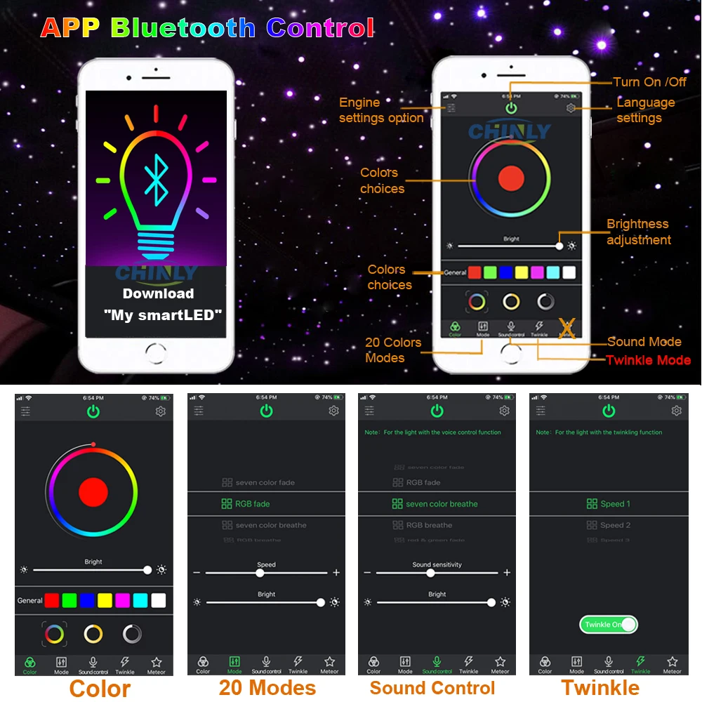 Fiber Optic Light 16W Twinkle Bluetooth APP Smart Control Starry Music Control Car Star LED Light Kid Room Ceiling Lighting