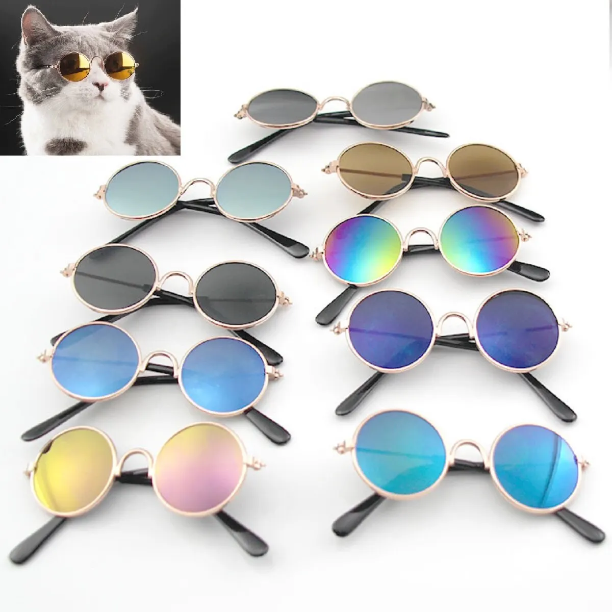 Mejor Compra Productos para mascotas encantador redondo Vintage gato gafas de sol reflejo ojo gafas para perro pequeño gato accesorios fotos de mascotas accesorios 8bWZwAyZLMx