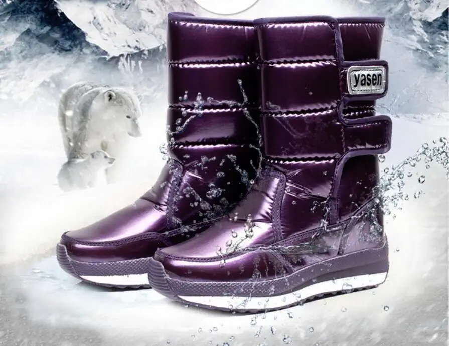 NEW Boots Women Snow Boots Winter Thicken Fur Plush Waterproof Non-Slip Rubber Warm Platform Hook Loop Mid-Calf Boots Women W509