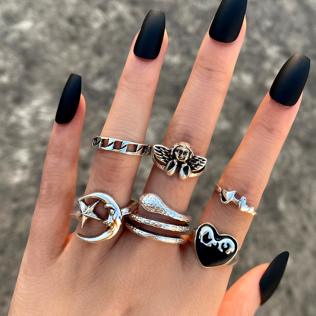 Gothic Heart Ring Set for Women Flame Pentagram Vintage Spades Ace Silver Plated Retro Charm Billiards Finger Jewelry