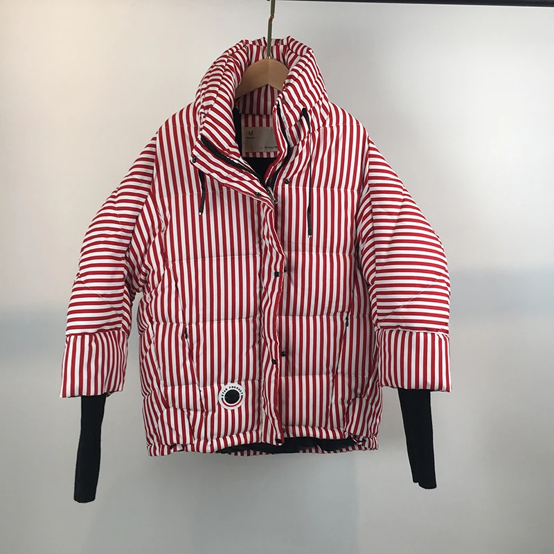 Женское пальто оверсайз Harajuku Parkas короткая стеганая Повседневная теплая куртка Полосатая Зимняя одежда пушистая парка